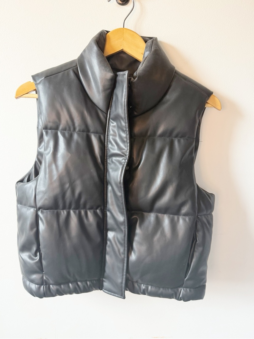 Women's Black Faux Leather Puffer Vest - Sleek Quilted Layer